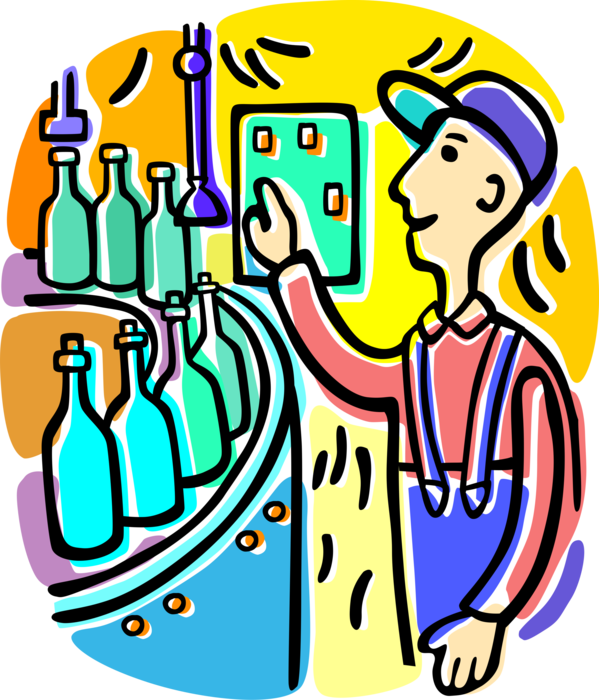 Vector Illustration of Industrial Factory Worker with Products on Conveyor in Bottling Industry Manufacturing Plant