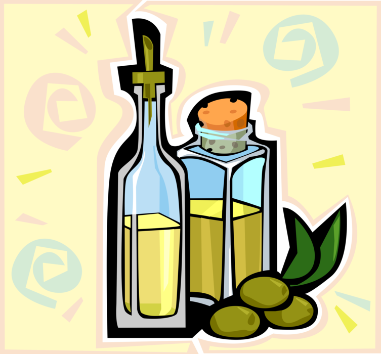 Vector Illustration of Salad Dressing Virgin Olive Oil in Glass Bottles with Olives