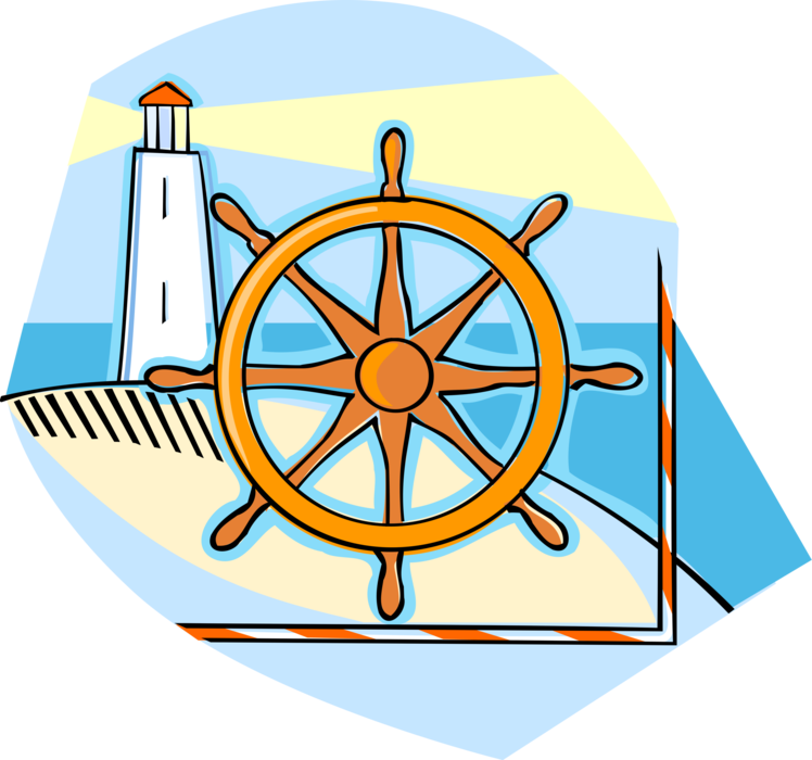 Vector Illustration of Lighthouse with Ship's Helm Wheel or Boat's Wheel to Change Vessel's Course
