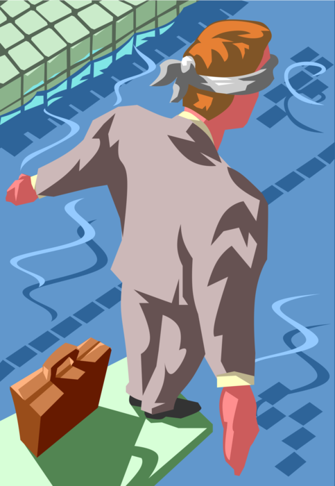Vector Illustration of Blindfolded Businessman Jumpes Into Swimming Pool from Diving Board