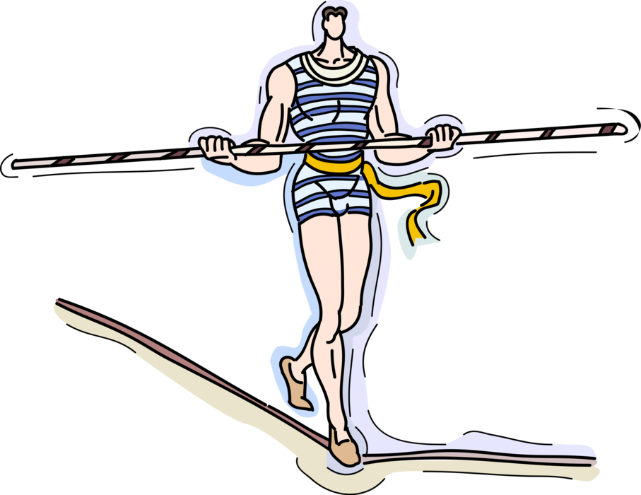 Vector Illustration of Big Top Circus Highwire Tightrope Acrobat Walking Performer Balancing on High Wire