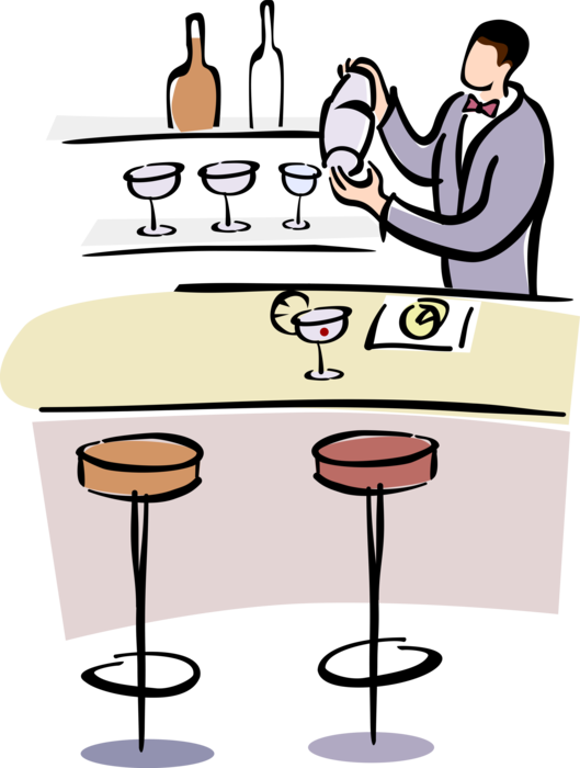 Vector Illustration of Barroom Bartender Serves Alcohol Beverage Cocktail Drinks at Bar Mixing Drink