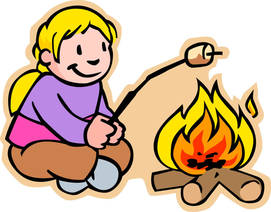 Vector Illustration of Primary or Elementary School Student Girl Toasting Marshmallow Over Campfire Fire