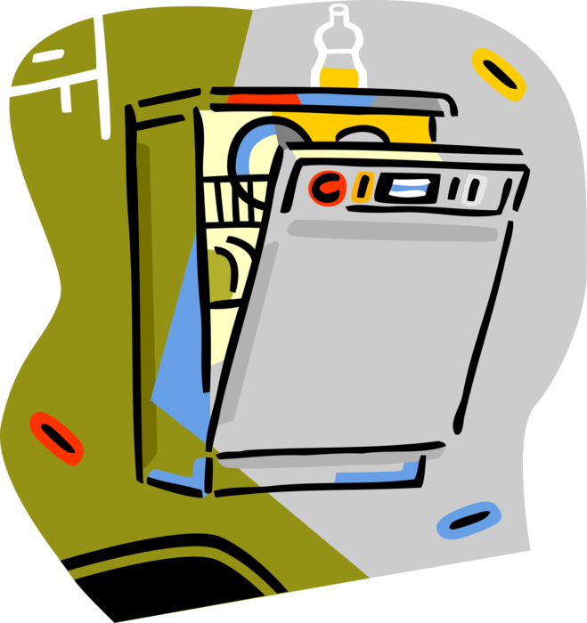 Vector Illustration of Kitchen Appliance Dishwasher Cleans Dishes and Eating-Utensils