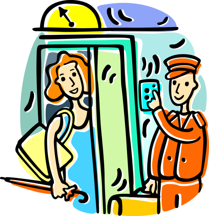 Vector Illustration of Hospitality Industry Hotel Concierge Bellhop Carries Guest Luggage Upon Arrival with Guest Entering Elevator