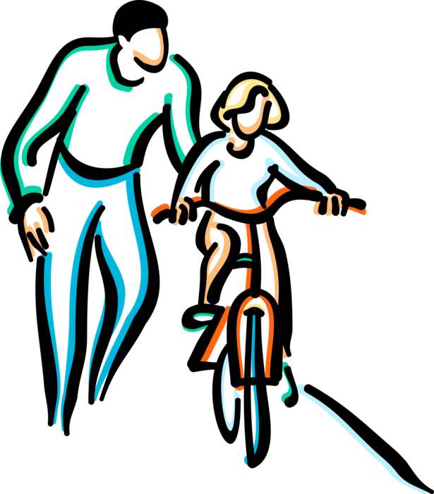 Vector Illustration of Father Teaches Daughter to Ride Bicycle Bike
