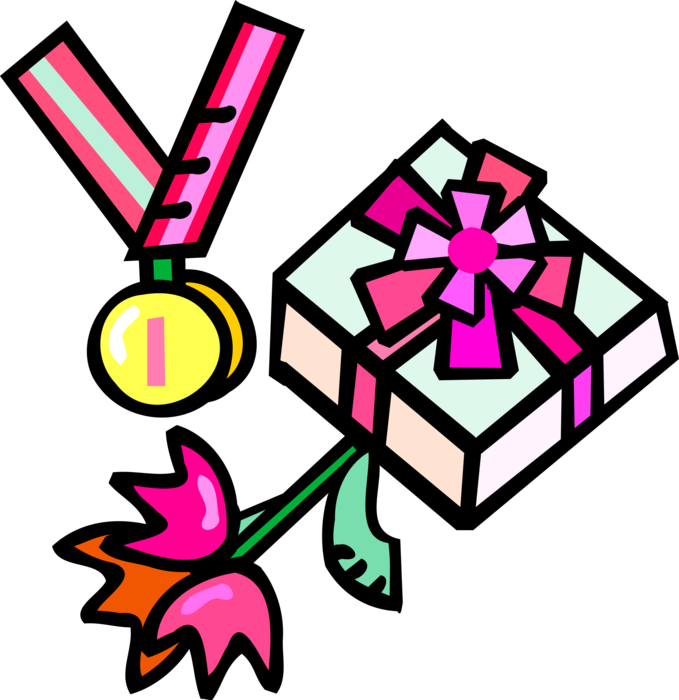 Vector Illustration of First Place Medal with Flowers and Gift with Ribbon Bow
