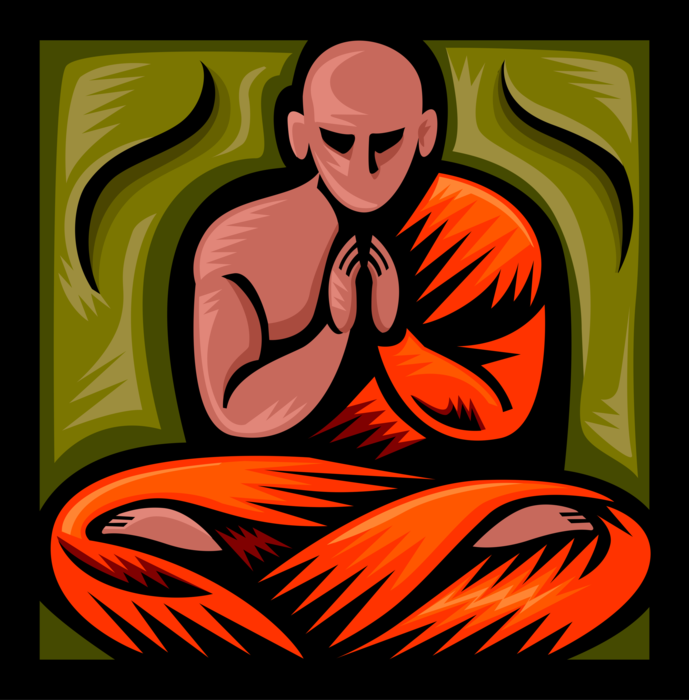 Vector Illustration of Buddhist Monastic Monk Meditates and Prays