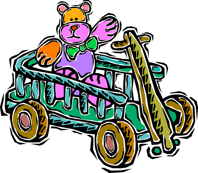Vector Illustration of Child's Wagon with Stuffed Animal Teddy Bear Toy