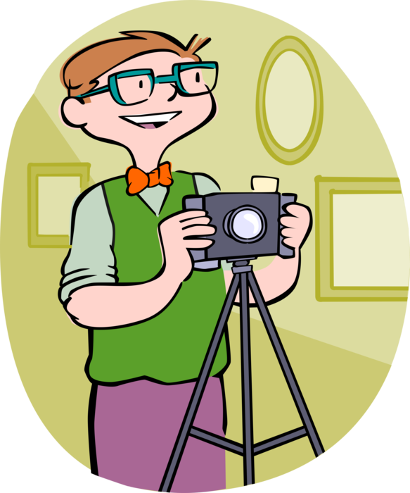 Vector Illustration of Photographer with Camera on Tripod Takes Photo