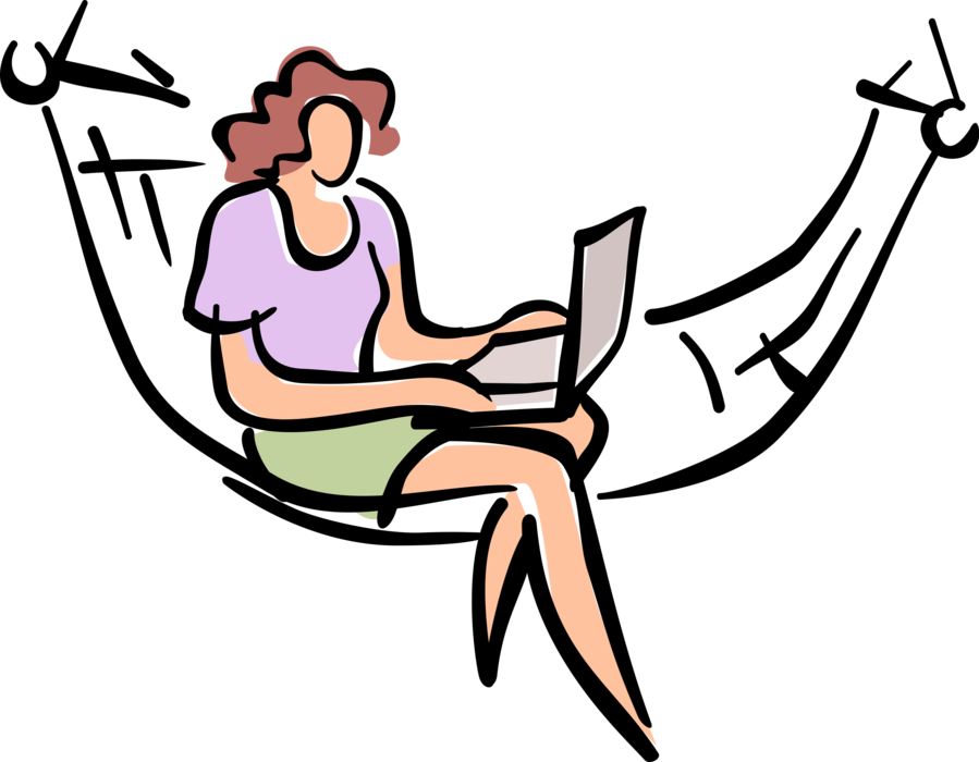 Vector Illustration of Sitting in Hammock Outdoors Working on Laptop Computer