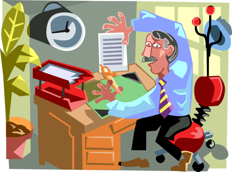 Vector Illustration of Businessman Working at Office Desk with Pen and Document