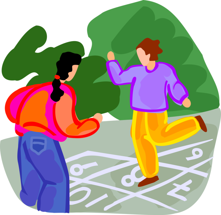 Vector Illustration of Children Play Hopscotch Playground Game