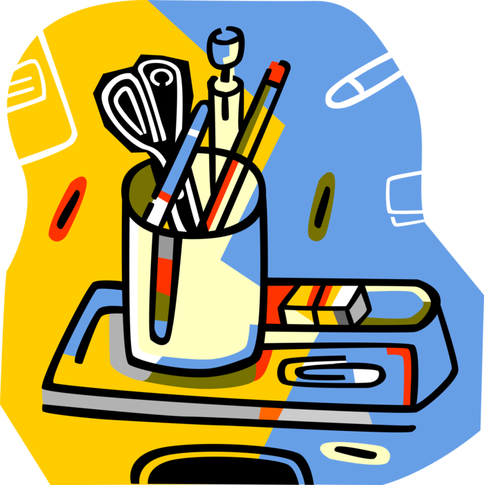 Vector Illustration of Office Pencils, Pens, Scissors, Eraser and Paper Clip
