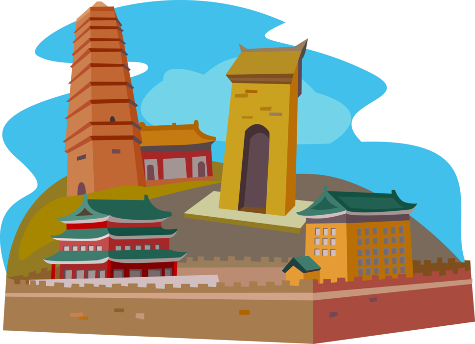 Vector Illustration of China, Shaanxi Province, Famen Temple, Maoling Mausoleum Tomb
