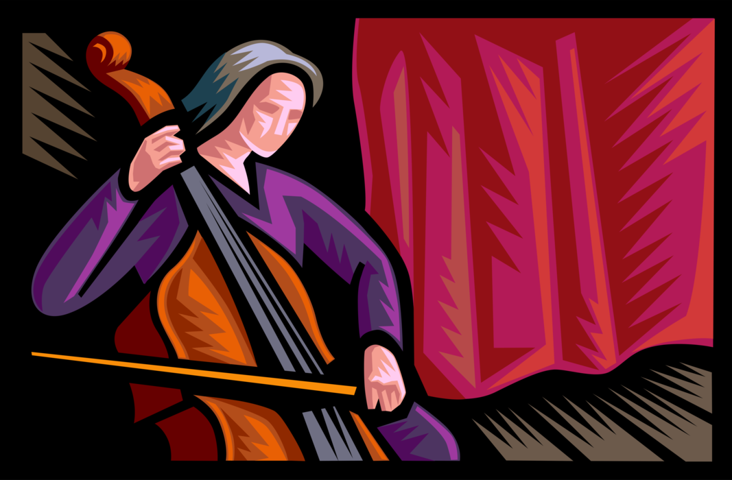 Vector Illustration of Concert Cellist Plays Cello Musical Instrument on Stage