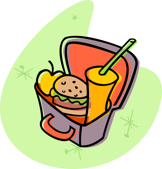 Vector Illustration of Lunch Box Meal with Hamburger, Apple and Soft Drink Soda Pop