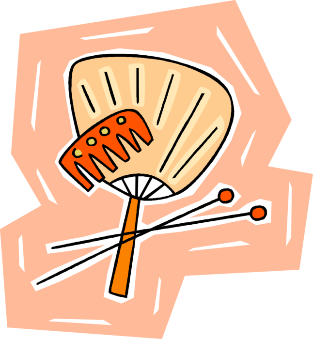 Vector Illustration of Chinese Folding Hand Fan and Hair Ornaments