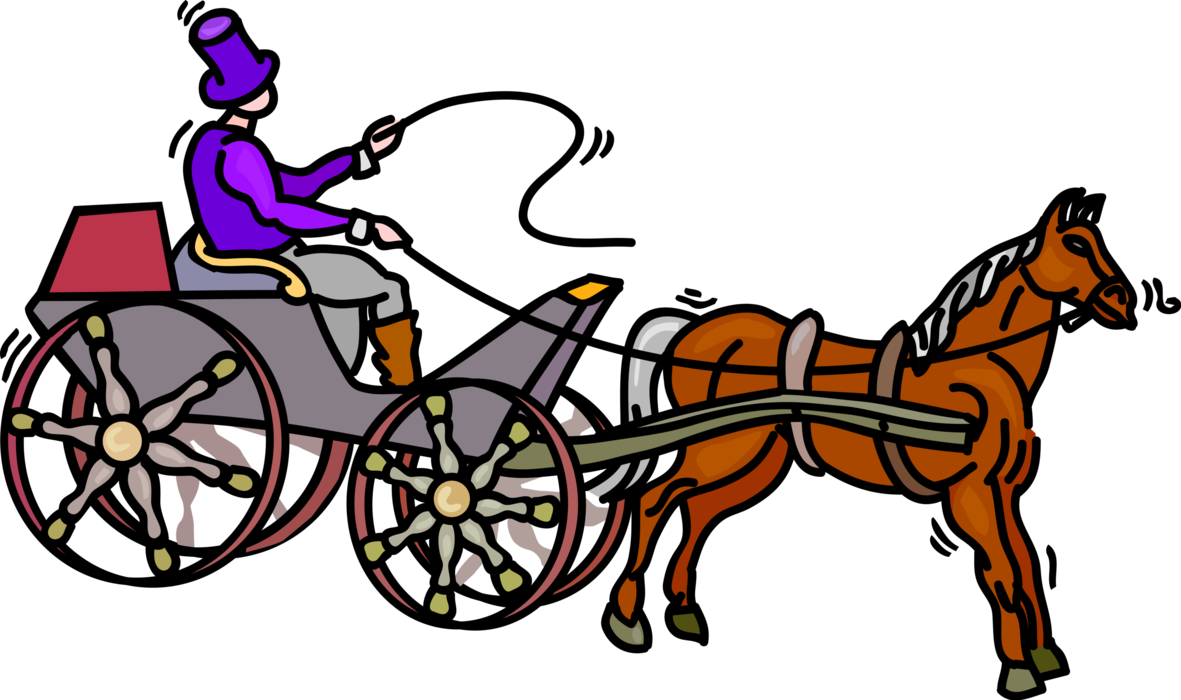 Vector Illustration of Coachman Drives Horse-Drawn Carriage