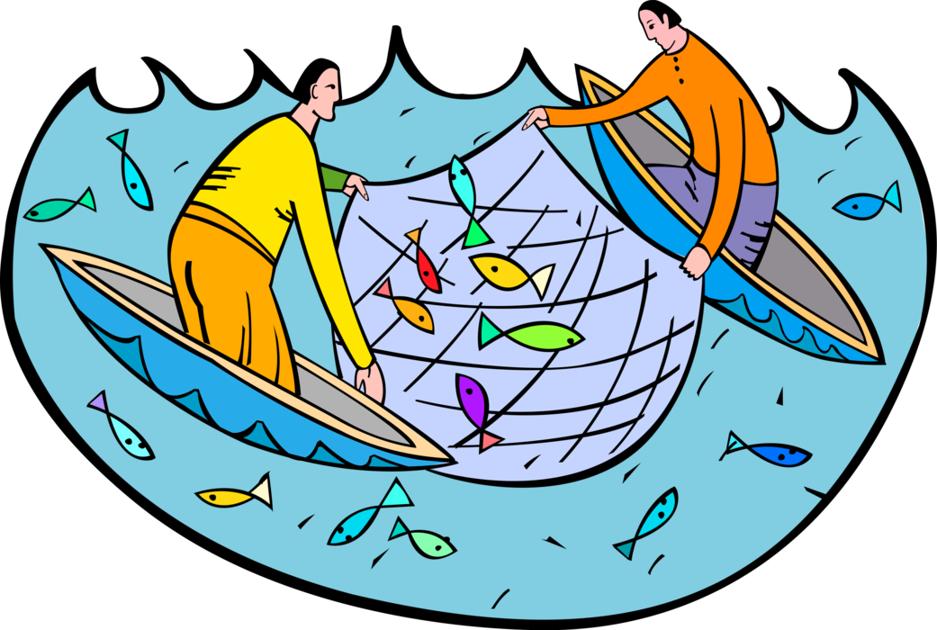 Vector Illustration of Fishermen in Small Boats with Fishing Nets and Fish Catch