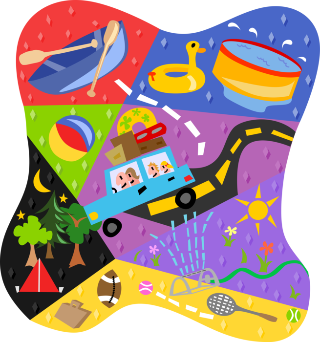 Vector Illustration of Family Summer Vacation Camping, Road Trips, Sport and Play
