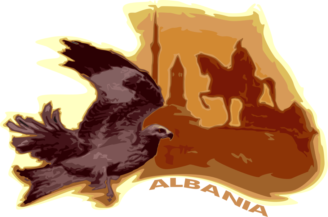 Vector Illustration of Albania Postcard Design with Golden Eagle and Statue of Skanderbeg National Hero