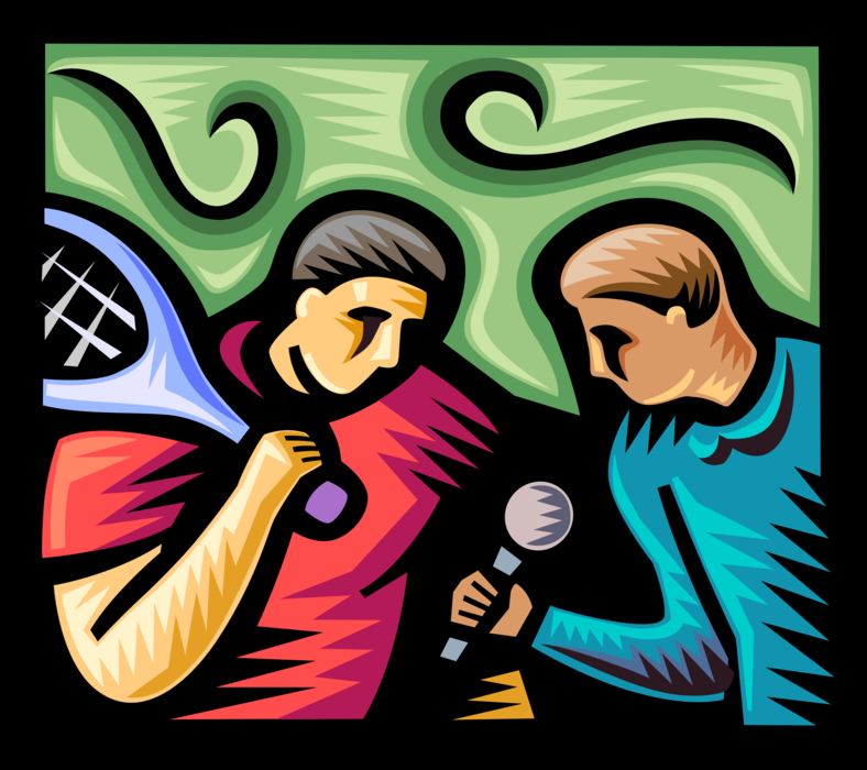 Vector Illustration of Sports Reporter with Microphone Interviews Tennis Champion Star