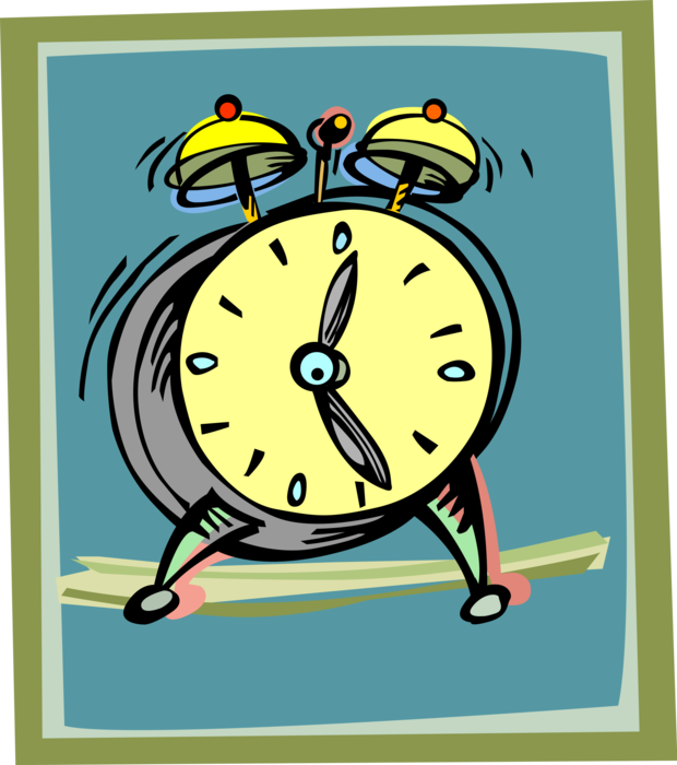 Vector Illustration of Alarm Clock Displays Time and Rings For Wake-Up Call