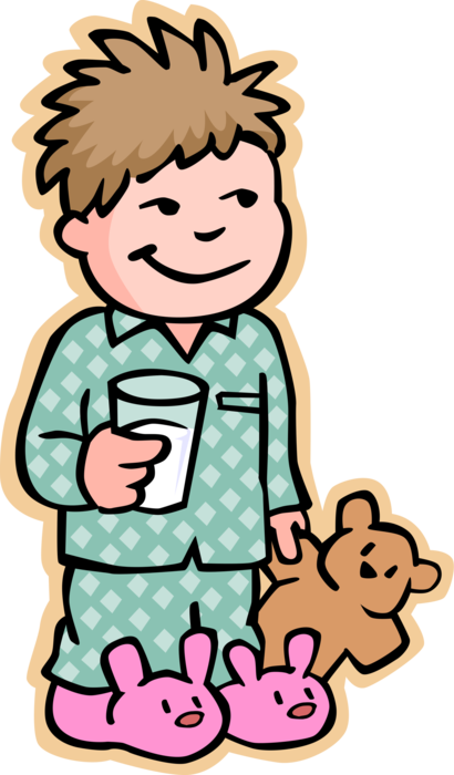 Vector Illustration of Primary or Elementary School Student Boy Going to Bed with Glass of Milk and Favorite Teddy Bear