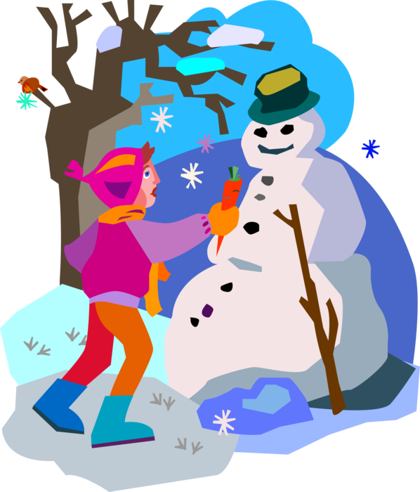 Vector Illustration of Building Snowman Anthropomorphic Snow Sculpture in Winter