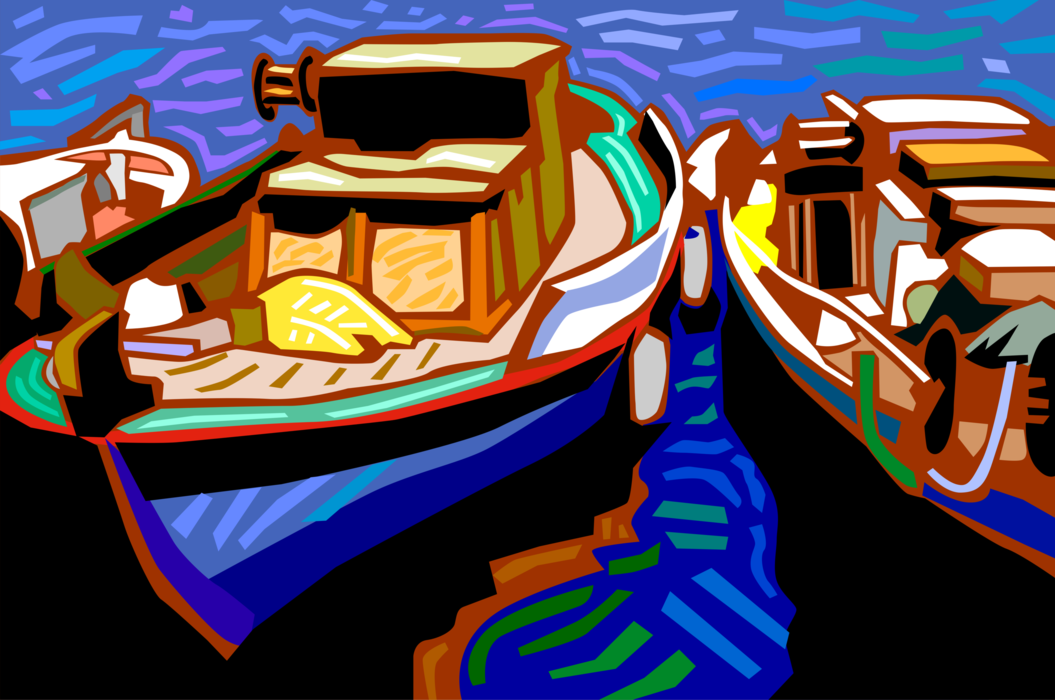 Vector Illustration of Small Fishing Boats Docked in Harbor