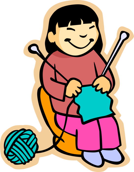 Vector Illustration of Primary or Elementary School Student Asian Girl Knitting with Yarn and Needles