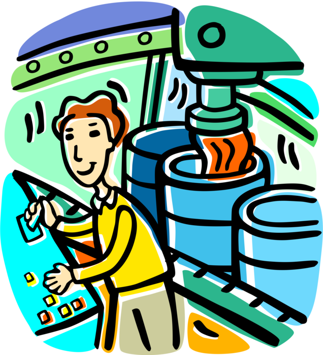 Vector Illustration of Manufacturing Industry Factory Worker at Controls of Product Processing Assembly Line