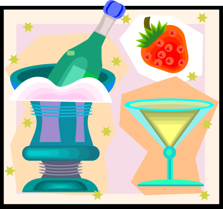 Vector Illustration of Champagne Chilling on Ice with Fruit Strawberry