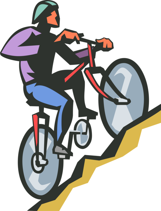 Vector Illustration of Cycling Enthusiast Rides Bicycle Outdoors Up Steep Terrain