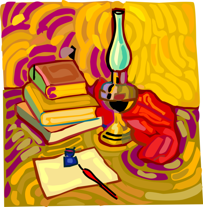 Vector Illustration of Books with Oil Lamp Hurricane Lantern and Ink Pen with Writing Pad