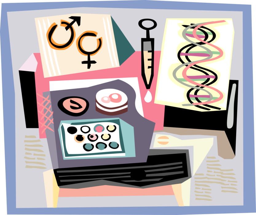 Vector Illustration of Human Genetics Cytogenetics Microscopy Analyzing Chromosomes DNA