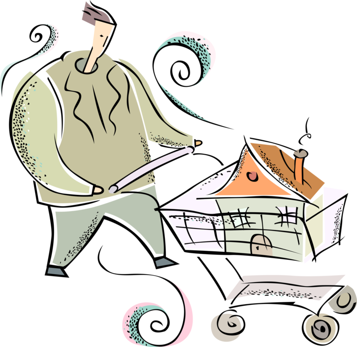 Vector Illustration of New Home Real Estate Owner Shopping for House Mortgage with Cart