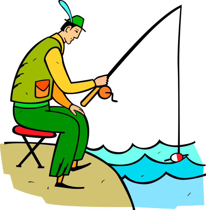 Vector Illustration of Sport Fisherman Angler with Fishing Rod in Water Hopes to Catch Fish