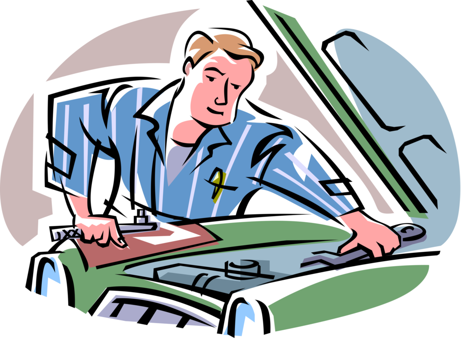 Vector Illustration of Automobile Garage Mechanic Works Under the Hood on Motor Vehicle Car