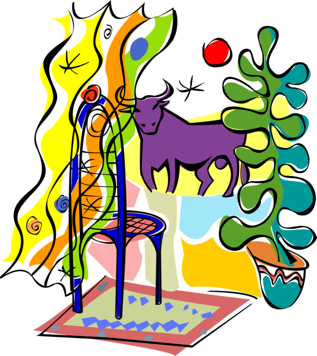 Vector Illustration of Raging Spanish Bull with Chair and Potted Plant