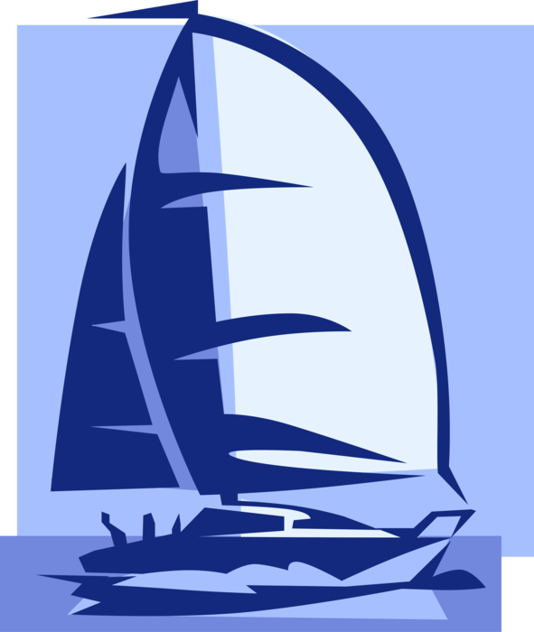Vector Illustration of Sailboat with Spinnaker Sail Sailing on Water