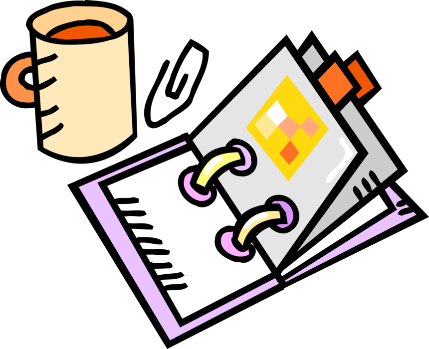 Vector Illustration of Scheduler Daily Calendar Task Manager and Personal Organizer with Coffee