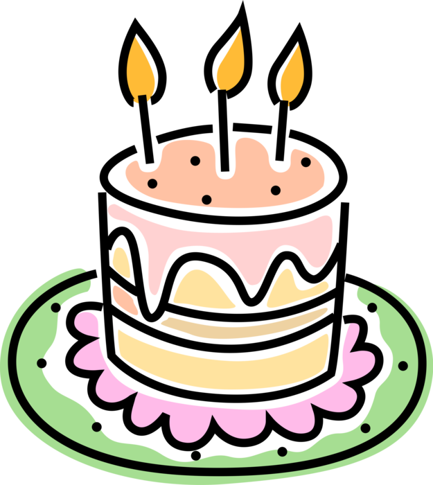 Vector Illustration of Dessert Pastry Birthday Cake with Three Lit Candles