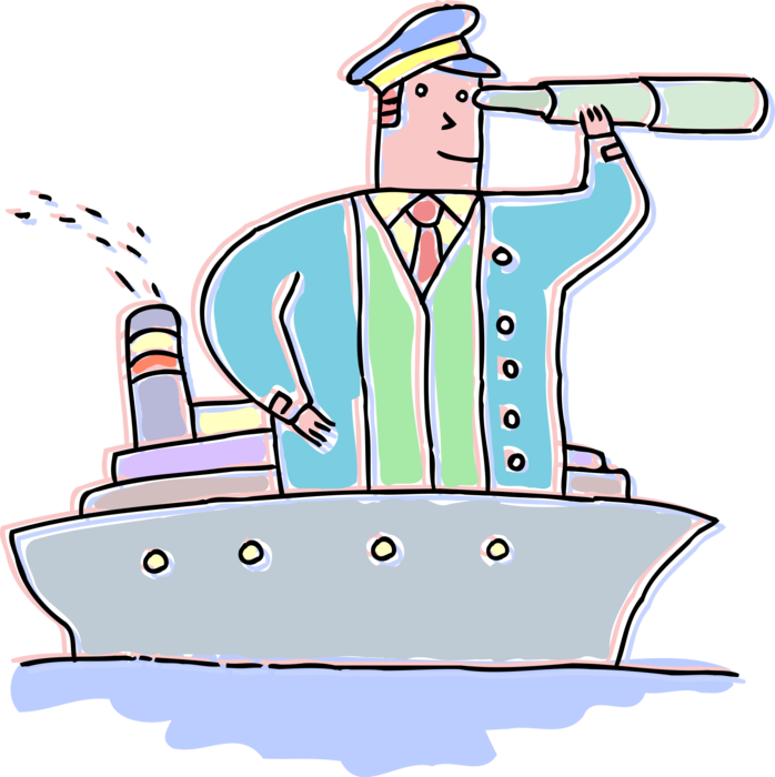 Vector Illustration of Maritime Marine Captain Looks Through Telescope on Ship Vessel