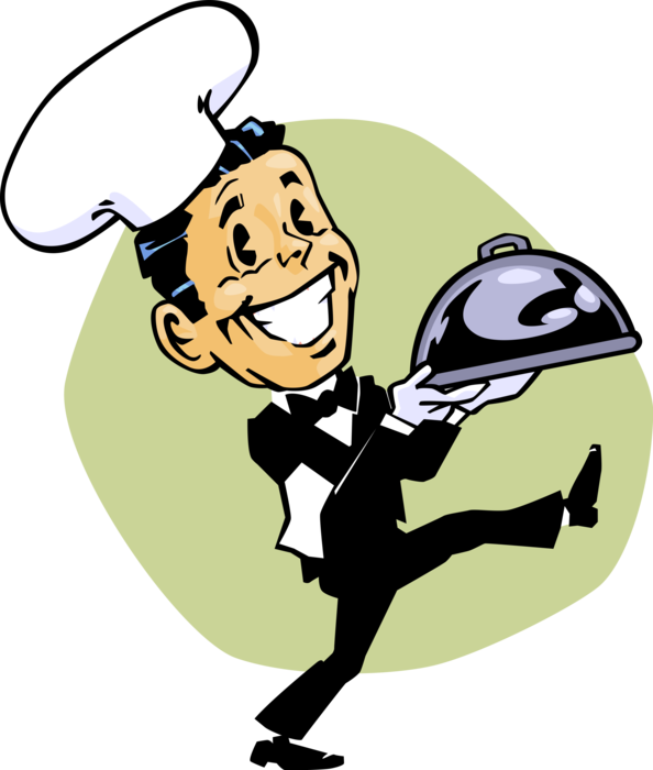 Vector Illustration of Restaurant Chef in White Hat and Tuxedo Delivers Culinary Cuisine on Tray