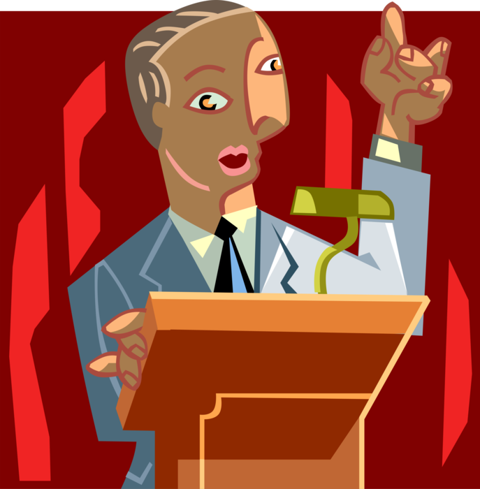 Vector Illustration of Businessman Stands at Podium to Deliver Speech