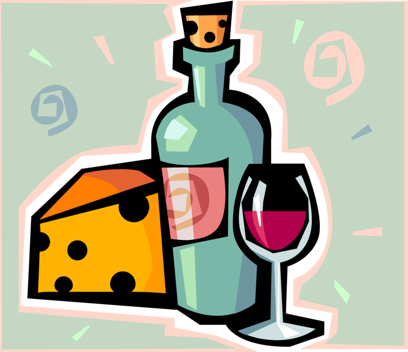 Vector Illustration of Wine Bottle Alcohol Beverage with Glass and Cheese