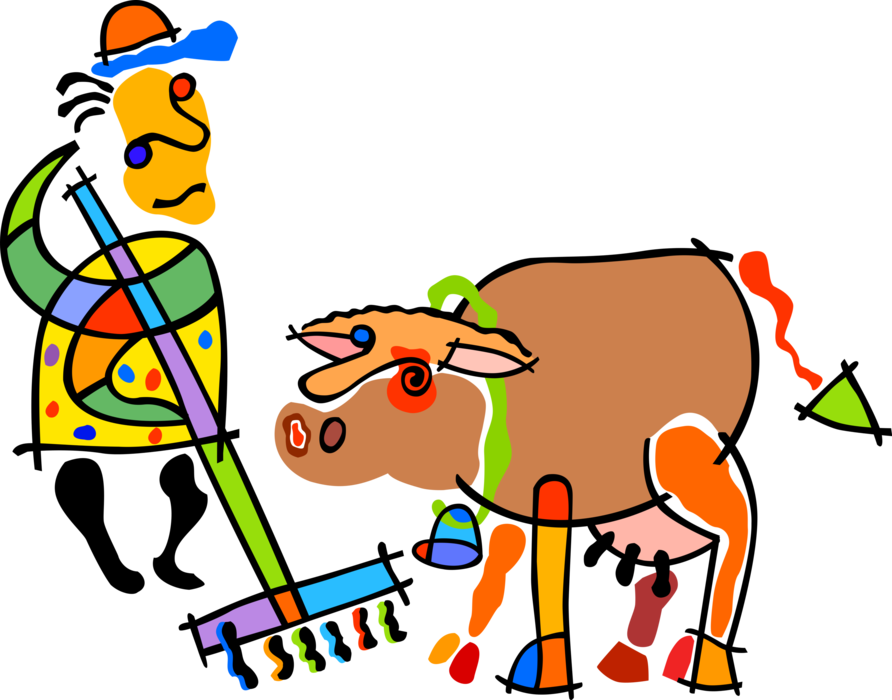 Vector Illustration of Dairy Farmer with Rake and Milk Cow