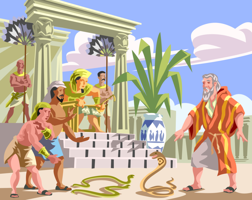 Vector Illustration of Moses and the Pharaoh - Turns His Staff to Snake Biblical Story